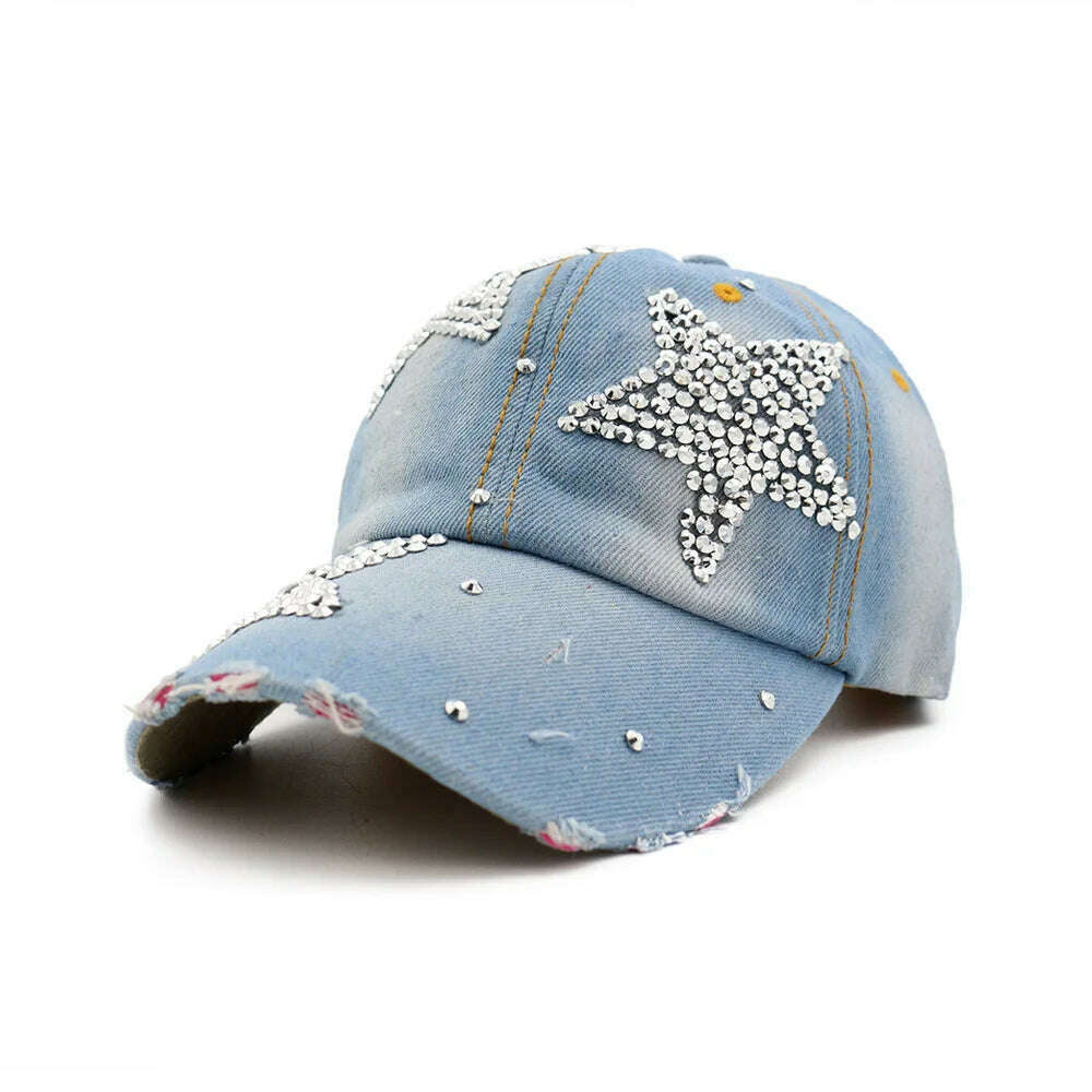 KIMLUD, Women&#39;s Hat Diamond Flower Cowboy Female Bone Baseball Cap Summer Style Casquette Jeans Hat Cowboy Hat Baseball Hats, Light Blue / Adjustable, KIMLUD Womens Clothes