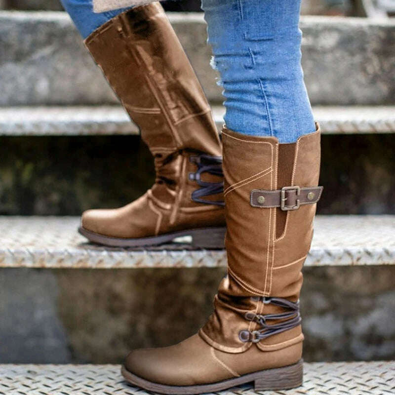 KIMLUD, Women&#39;s Knight Boots Autumn Solid Color Round Toe Low Heel Belt Buckle Comfort Large Size Hiking Western Boots Bota Cano Longo, KIMLUD Womens Clothes