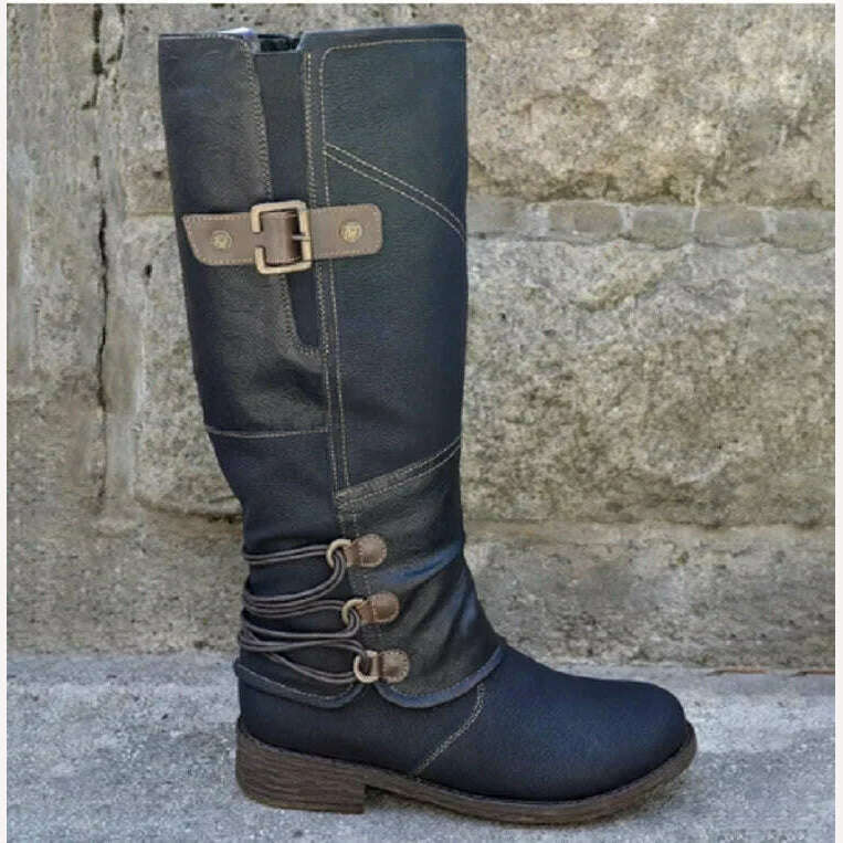 KIMLUD, Women&#39;s Knight Boots Autumn Solid Color Round Toe Low Heel Belt Buckle Comfort Large Size Hiking Western Boots Bota Cano Longo, Black / 35, KIMLUD APPAREL - Womens Clothes