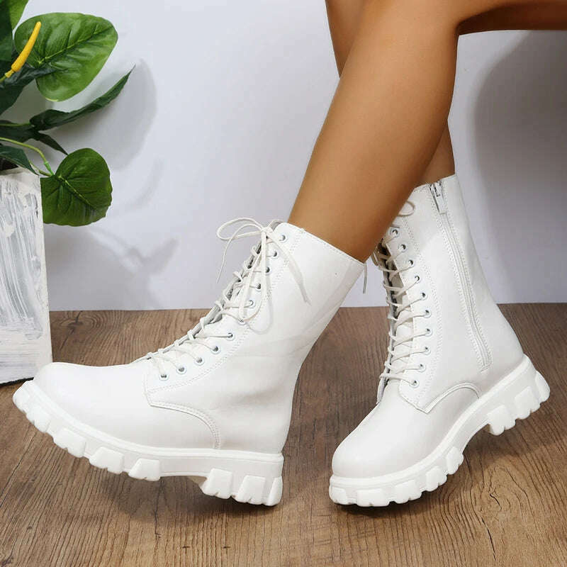 KIMLUD, Women&#39;s Shoes Mid Calf Boots Gothic Punk Casual White Platform Woman Medium Heel Spring Summer 2022 Elegant with Free Shipping, KIMLUD Womens Clothes