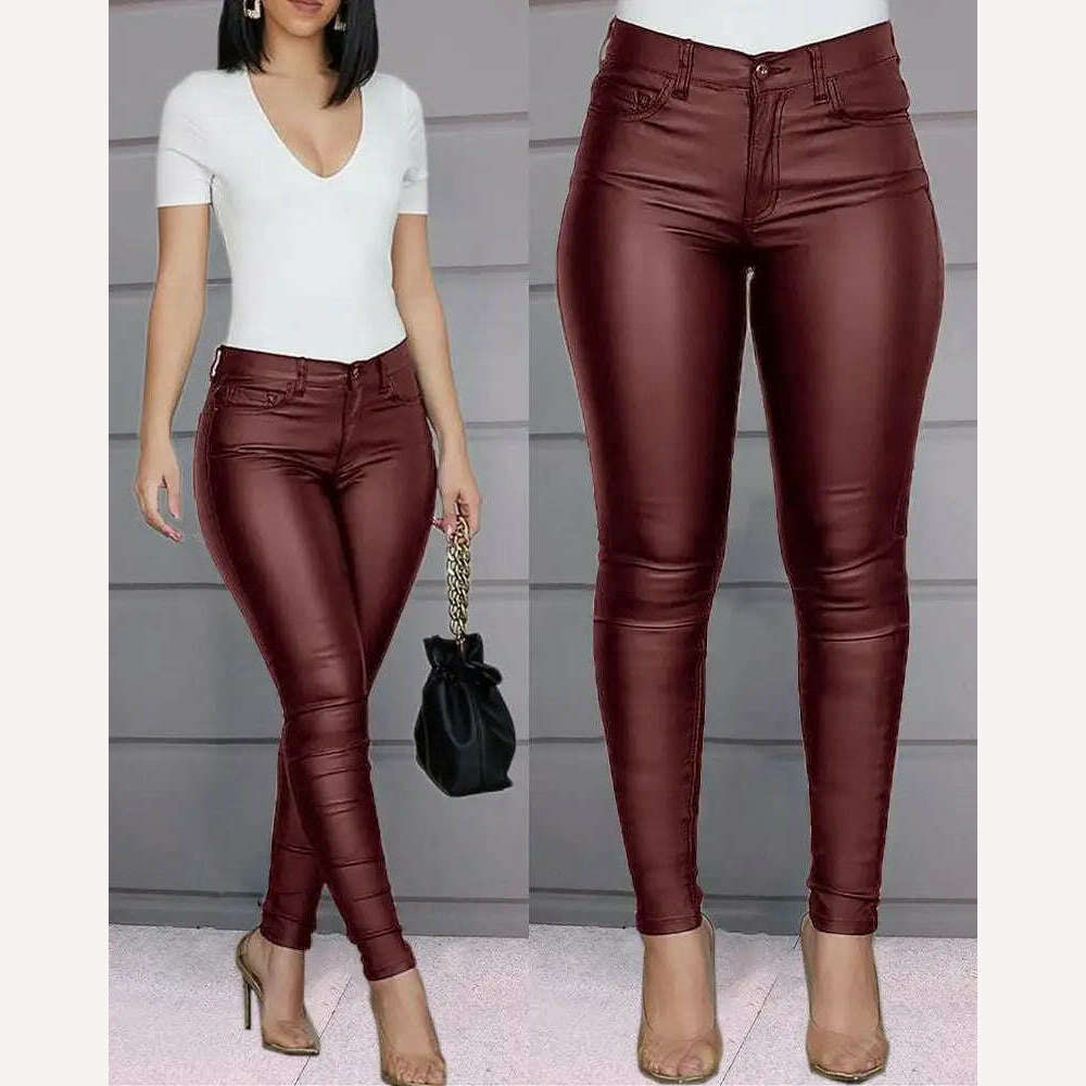 KIMLUD, Women&#39;s Slim Pencil Pants Casual Buttoned Solid Coated PU Pants, Burgundy / S, KIMLUD Womens Clothes