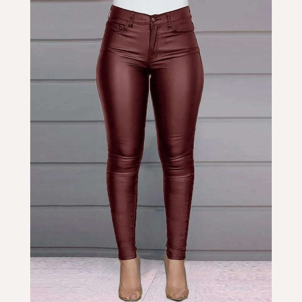 KIMLUD, Women&#39;s Slim Pencil Pants Casual Buttoned Solid Coated PU Pants, KIMLUD Womens Clothes