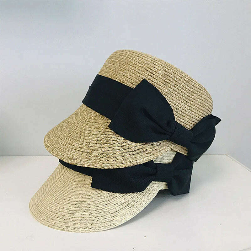 KIMLUD, Women&#39;s Summer Hat Bow Wide Brim Flat Top Sun Protection Cap Female Sun Hats for Women Sun Visor Beret Hat Beach Hat Straw Hat, KIMLUD Women's Clothes