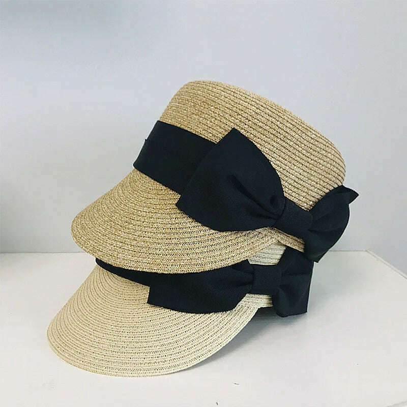 Women&#39;s Summer Hat Bow Wide Brim Flat Top Sun Protection Cap Female Sun Hats for Women Sun Visor Beret Hat Beach Hat Straw Hat - KIMLUD