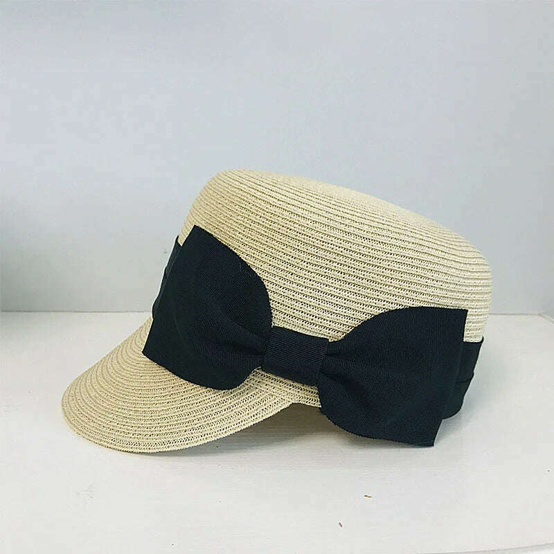 KIMLUD, Women&#39;s Summer Hat Bow Wide Brim Flat Top Sun Protection Cap Female Sun Hats for Women Sun Visor Beret Hat Beach Hat Straw Hat, Beige / 56-58cm, KIMLUD Womens Clothes