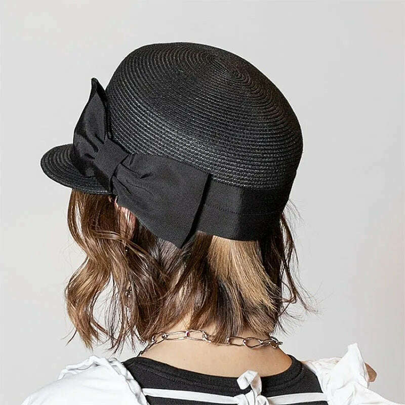 Women&#39;s Summer Hat Bow Wide Brim Flat Top Sun Protection Cap Female Sun Hats for Women Sun Visor Beret Hat Beach Hat Straw Hat - KIMLUD
