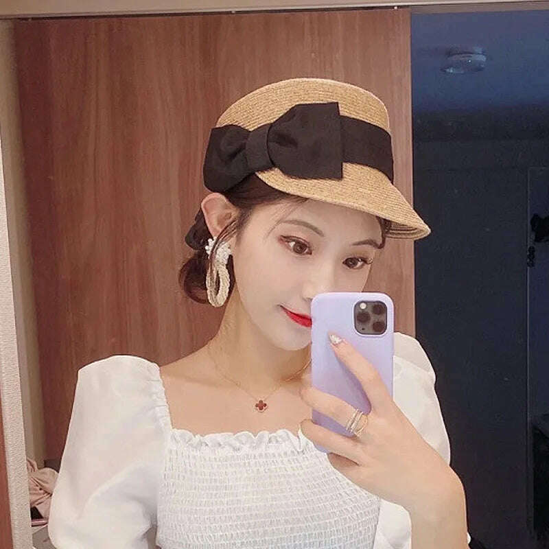 Women&#39;s Summer Hat Bow Wide Brim Flat Top Sun Protection Cap Female Sun Hats for Women Sun Visor Beret Hat Beach Hat Straw Hat - KIMLUD