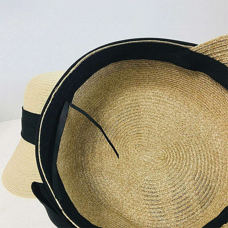 Women&#39;s Summer Hat Bow Wide Brim Flat Top Sun Protection Cap Female Sun Hats for Women Sun Visor Beret Hat Beach Hat Straw Hat - KIMLUD