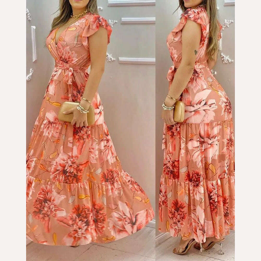 KIMLUD, Women&#39;s V-neck Ruffle Sleeve Floral Print Chiffon Slim Long Dress, 1 / S, KIMLUD Womens Clothes