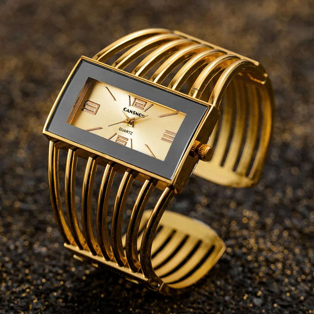 KIMLUD, Women&#39;s Watches New Luxury Bangle Steel Bracelet Fashion Rectangle Small Dial Ladies Quartz Wristwatches Clock Relogio Feminino, Gold Gold, KIMLUD Women's Clothes