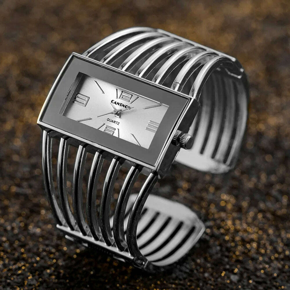 KIMLUD, Women&#39;s Watches New Luxury Bangle Steel Bracelet Fashion Rectangle Small Dial Ladies Quartz Wristwatches Clock Relogio Feminino, Silver White, KIMLUD Women's Clothes