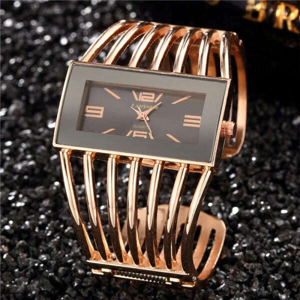 KIMLUD, Women&#39;s Watches New Luxury Bangle Steel Bracelet Fashion Rectangle Small Dial Ladies Quartz Wristwatches Clock Relogio Feminino, Rose Gold Black, KIMLUD Women's Clothes
