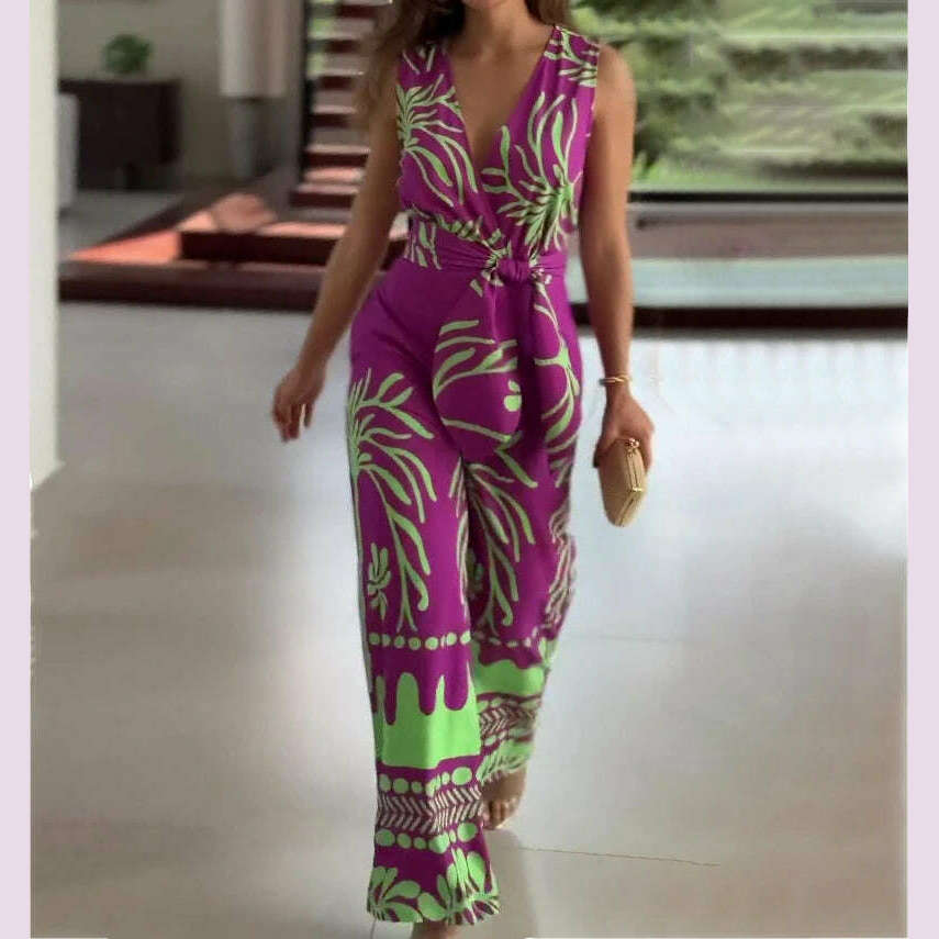 Women‘s Jumpsuits 2024 Summer New Fashion Print V-Neck Sleeveless Slim Belt Temperament Commuting Wide Leg Jumpsuit for Women - KIMLUD
