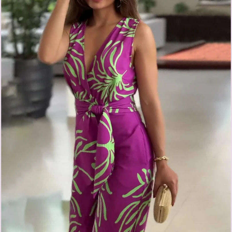 Women‘s Jumpsuits 2024 Summer New Fashion Print V-Neck Sleeveless Slim Belt Temperament Commuting Wide Leg Jumpsuit for Women - KIMLUD