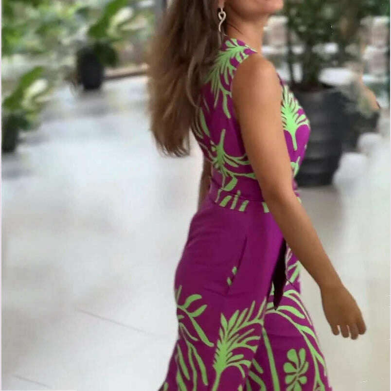 Women‘s Jumpsuits 2024 Summer New Fashion Print V-Neck Sleeveless Slim Belt Temperament Commuting Wide Leg Jumpsuit for Women - KIMLUD