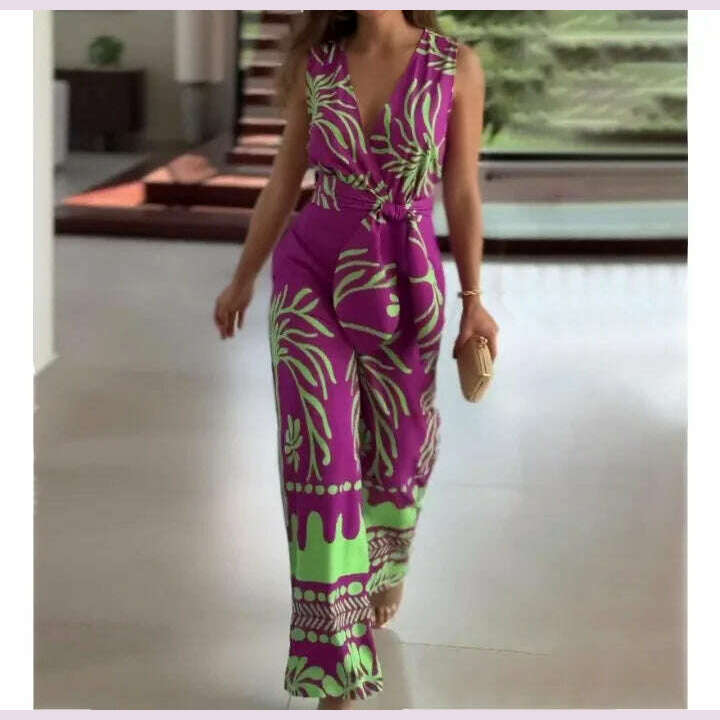 Women‘s Jumpsuits 2024 Summer New Fashion Print V-Neck Sleeveless Slim Belt Temperament Commuting Wide Leg Jumpsuit for Women - KIMLUD