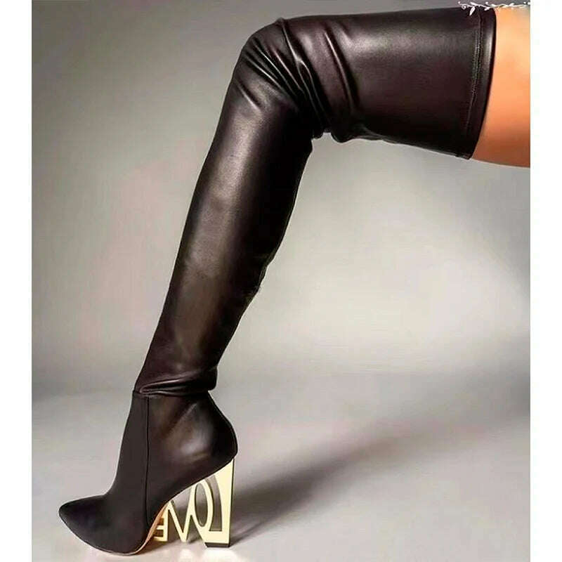 KIMLUD, Women's 2023 New Sexy Gold High Heels Autumn WInter Warm Stretch Boots Black Pointed Toe Dress Party Over The Knee Boots 34-43, KIMLUD Womens Clothes