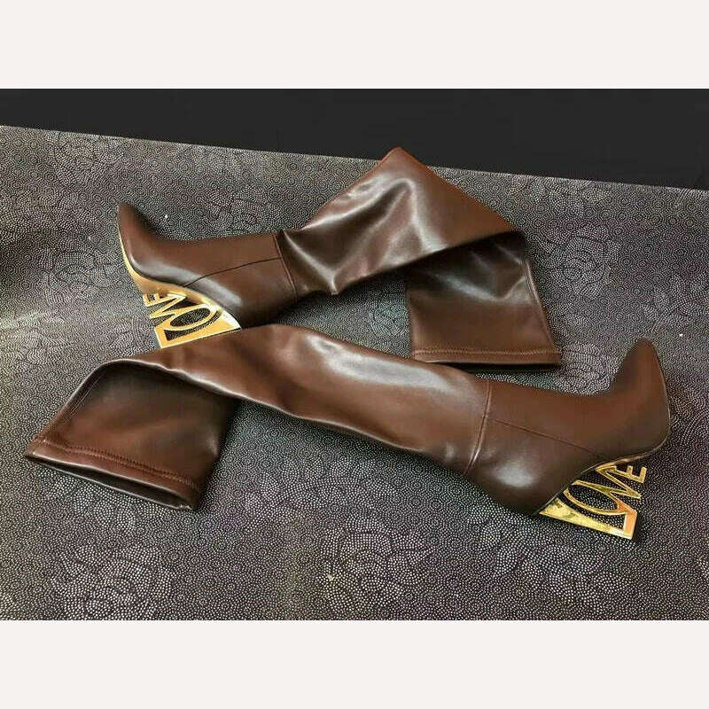 KIMLUD, Women's 2023 New Sexy Gold High Heels Autumn WInter Warm Stretch Boots Black Pointed Toe Dress Party Over The Knee Boots 34-43, brown / 34, KIMLUD APPAREL - Womens Clothes