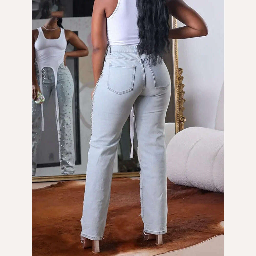 Women's Beading Jeans High Waist Slim Spring Casual Denim Pant Vintage Fashion 2024 Streetwear Straight Jeans Trousers 2024 - KIMLUD