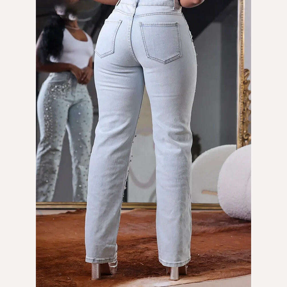 Women's Beading Jeans High Waist Slim Spring Casual Denim Pant Vintage Fashion 2024 Streetwear Straight Jeans Trousers 2024 - KIMLUD