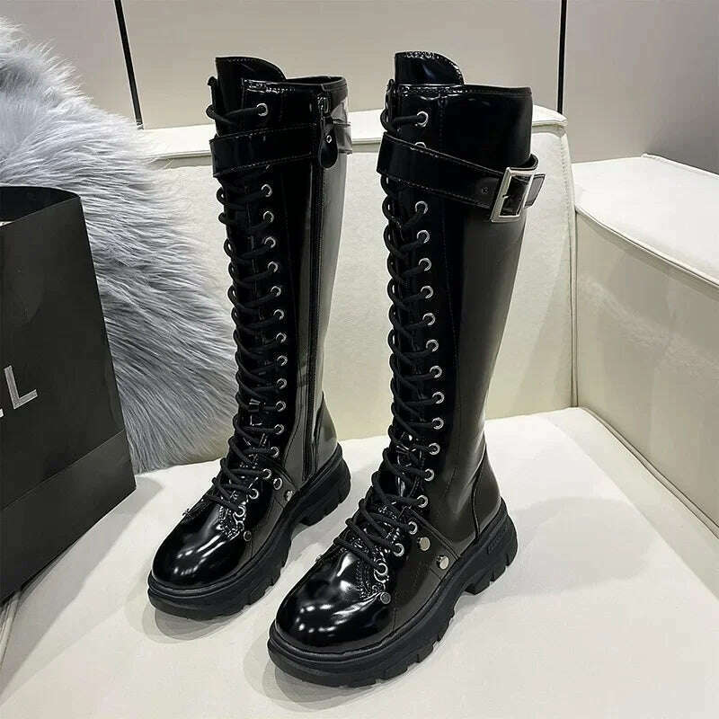 KIMLUD, Women's Boots 2022 Fashion Boots Women Shoes Knee High Boots Platform Lace Up Buckle Black Long Combat Boots Shoes of Women, KIMLUD Women's Clothes