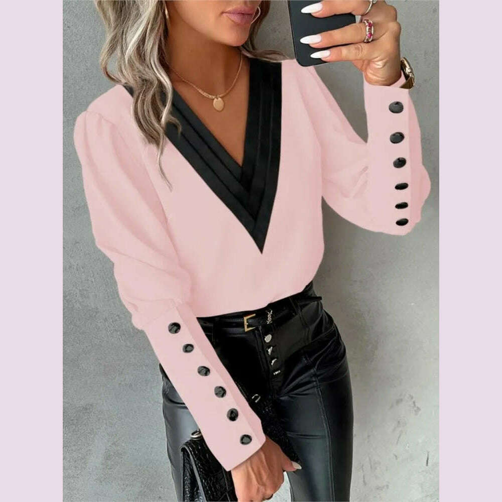 Women's Casual Shirt Autumn Fashion V-neck Patchwork White Long Sleeve Button Office Lady Blouse Women Streetwear Tops Clothing - KIMLUD
