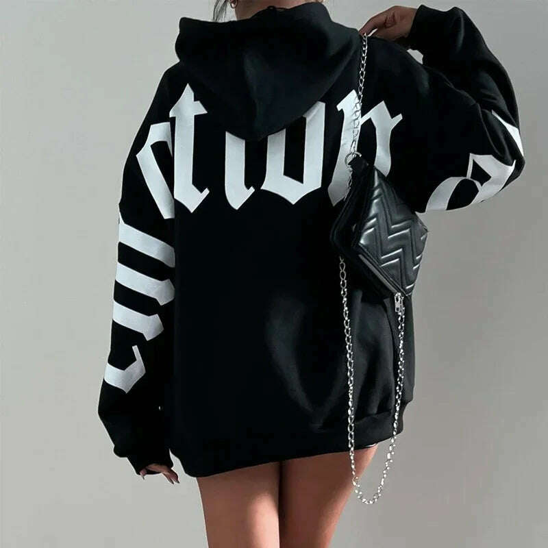 KIMLUD, Women's Clothing Trendy Casual Long Sleeve Hooded Hoodies Fashion Letter Print Y2K Oversize Sweatshirt Female Loose Top Pullover, KIMLUD Womens Clothes