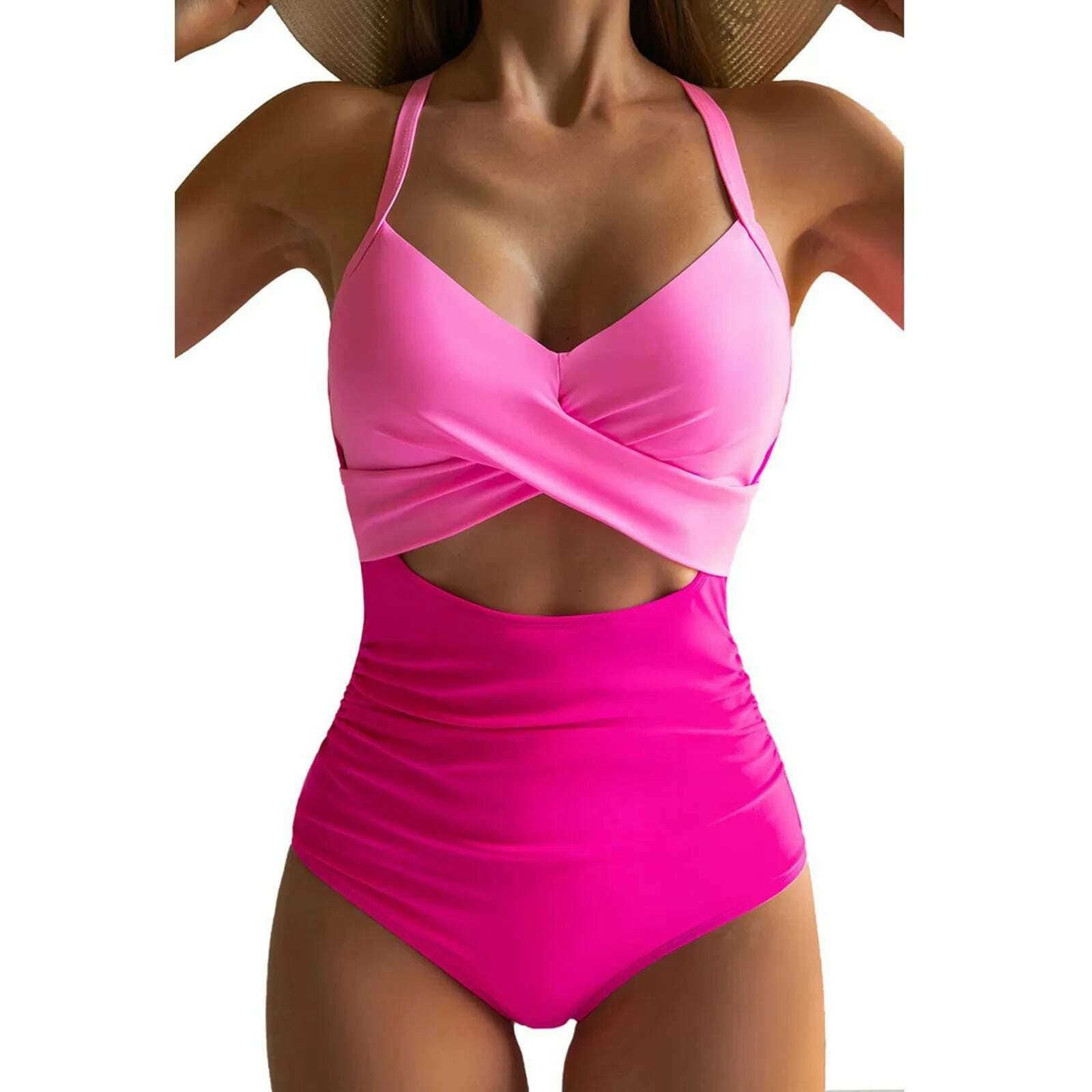 KIMLUD, Women's Colorful Sexy Hollow Cross Halter Bikini Beach Swimsuit (With Chest Pad Without Steel Bra), Hot Pink / S, KIMLUD Women's Clothes