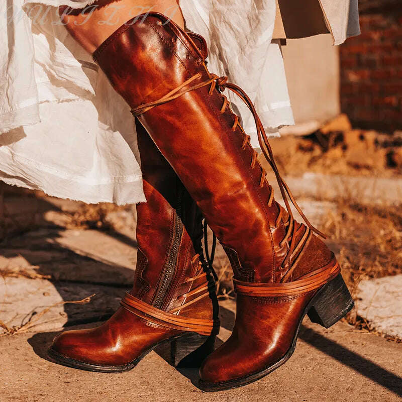 KIMLUD, Women's Cross Strap Red Brown Knee High Boots Luxury 2023 Leather Thick High Heel Zipper Pointed Toe Western Ladies Riding Boots, as picture / 35, KIMLUD APPAREL - Womens Clothes