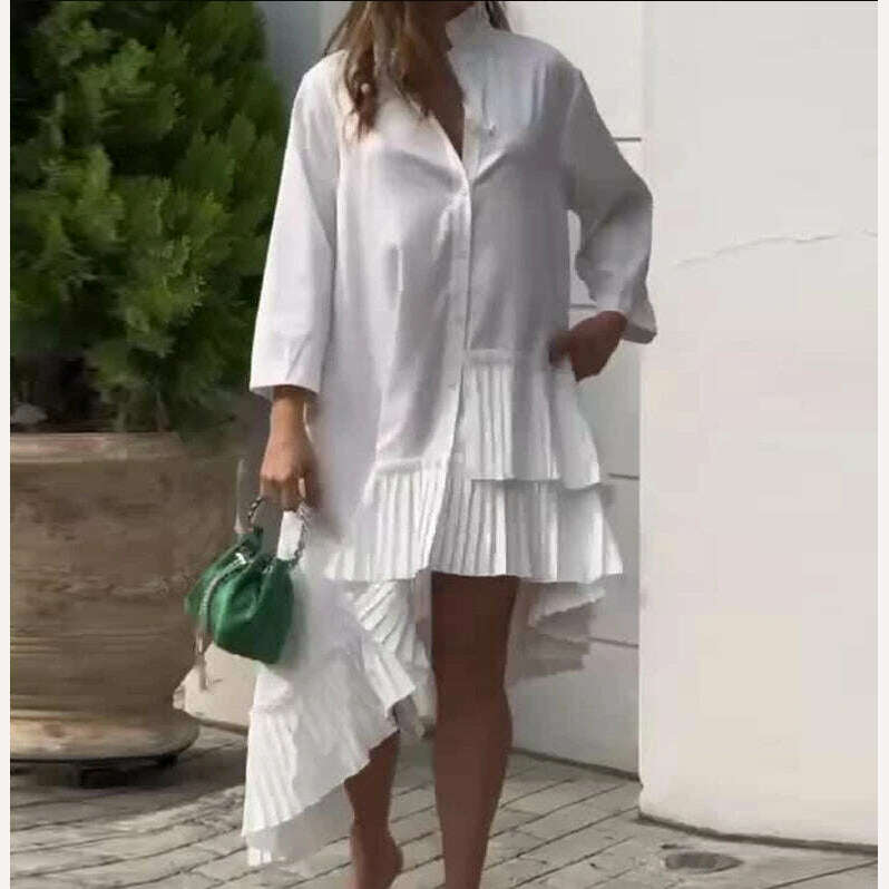 Women's Dress 2024 New Spring Irregular Dress Loose Solid Color Stand Up Collar Pleated Hem Shirt Short Skirt Large Hem Dress - KIMLUD