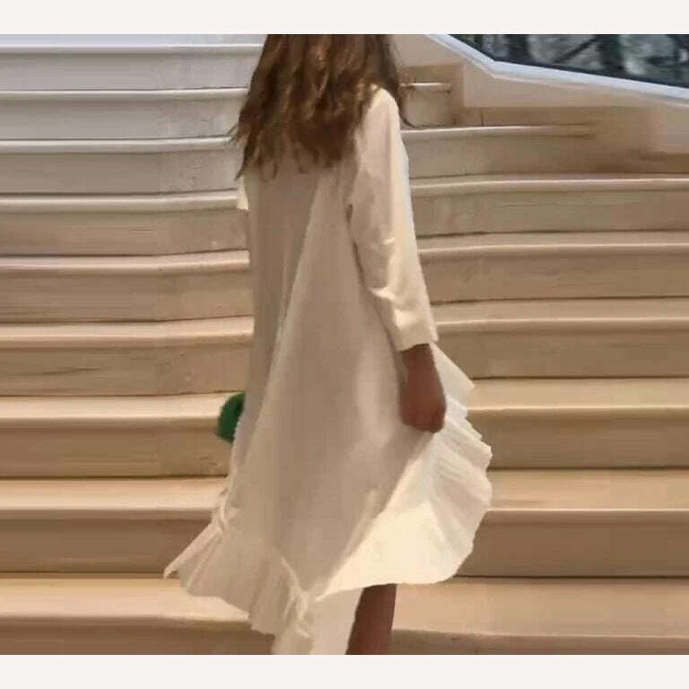 Women's Dress 2024 New Spring Irregular Dress Loose Solid Color Stand Up Collar Pleated Hem Shirt Short Skirt Large Hem Dress - KIMLUD