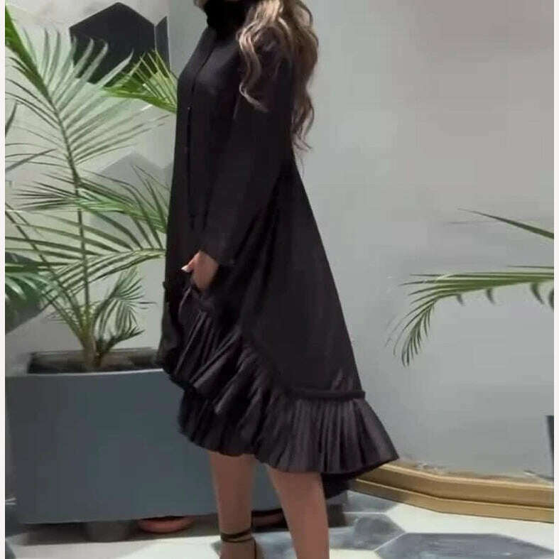 Women's Dress 2024 New Spring Irregular Dress Loose Solid Color Stand Up Collar Pleated Hem Shirt Short Skirt Large Hem Dress - KIMLUD