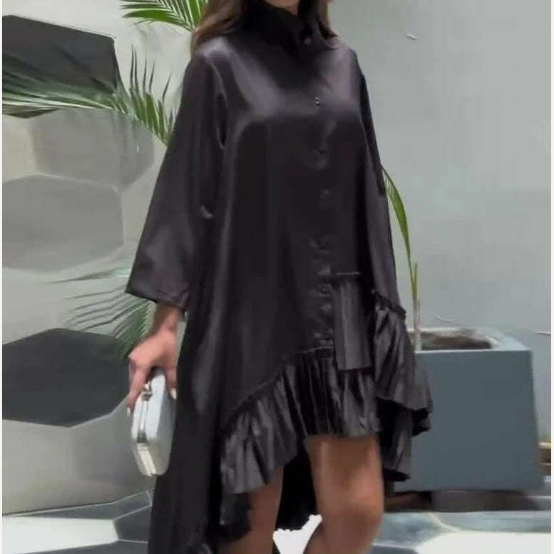Women's Dress 2024 New Spring Irregular Dress Loose Solid Color Stand Up Collar Pleated Hem Shirt Short Skirt Large Hem Dress - KIMLUD