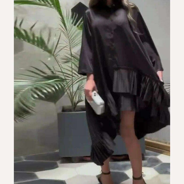 Women's Dress 2024 New Spring Irregular Dress Loose Solid Color Stand Up Collar Pleated Hem Shirt Short Skirt Large Hem Dress - KIMLUD