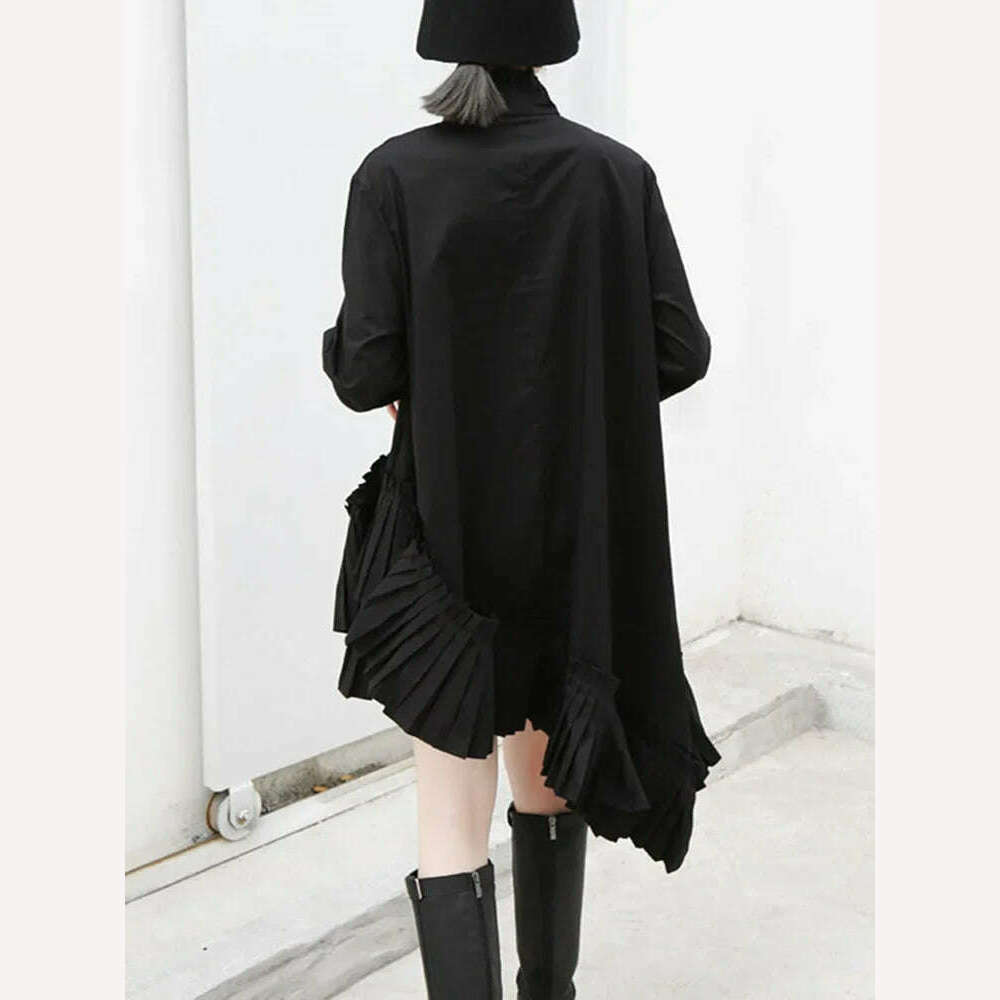 Women's Dress 2024 New Spring Irregular Dress Loose Solid Color Stand Up Collar Pleated Hem Shirt Short Skirt Large Hem Dress - KIMLUD