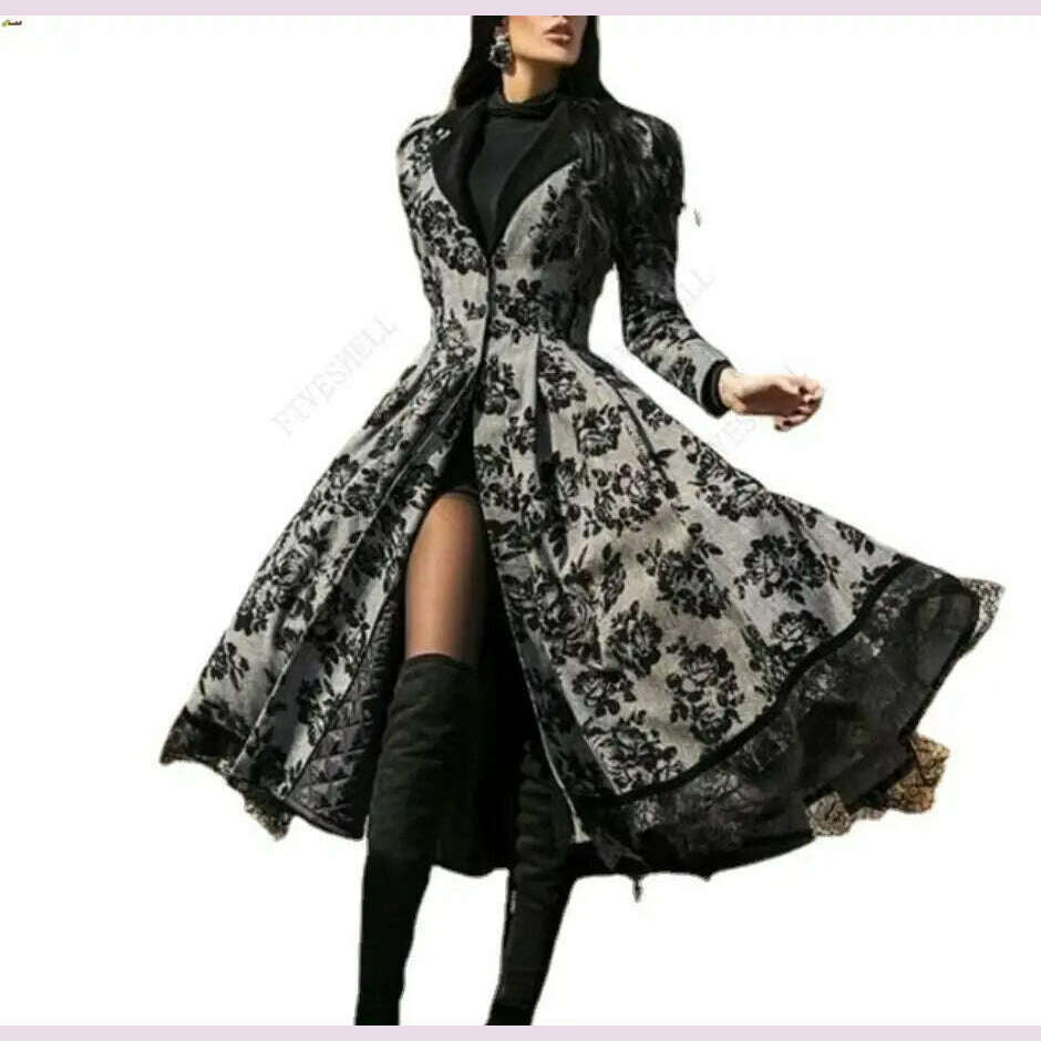Women's Dress Autumn Winter Lady Coat Long Sleeve Medieval Lace Stitching A-line Elegant Long Black Grey Cosplay Fancy Dresses - KIMLUD