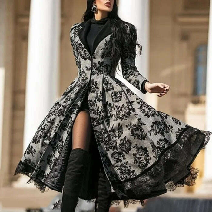 Women's Dress Autumn Winter Lady Coat Long Sleeve Medieval Lace Stitching A-line Elegant Long Black Grey Cosplay Fancy Dresses - KIMLUD
