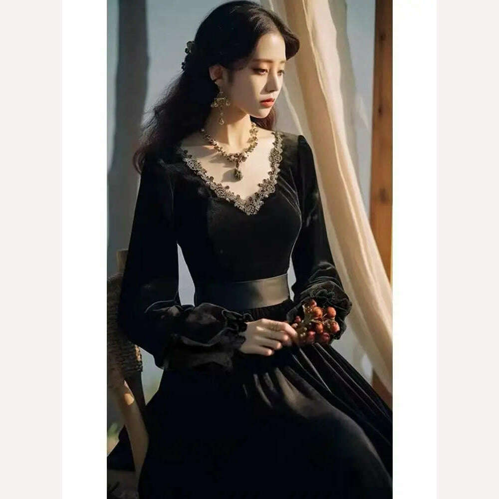 KIMLUD, Women's Dress Hepburn Style Black Vintage Dress French Velvet Autumn Spring Women's Lace Court Dress Bodycon Clothing 2024, KIMLUD Womens Clothes