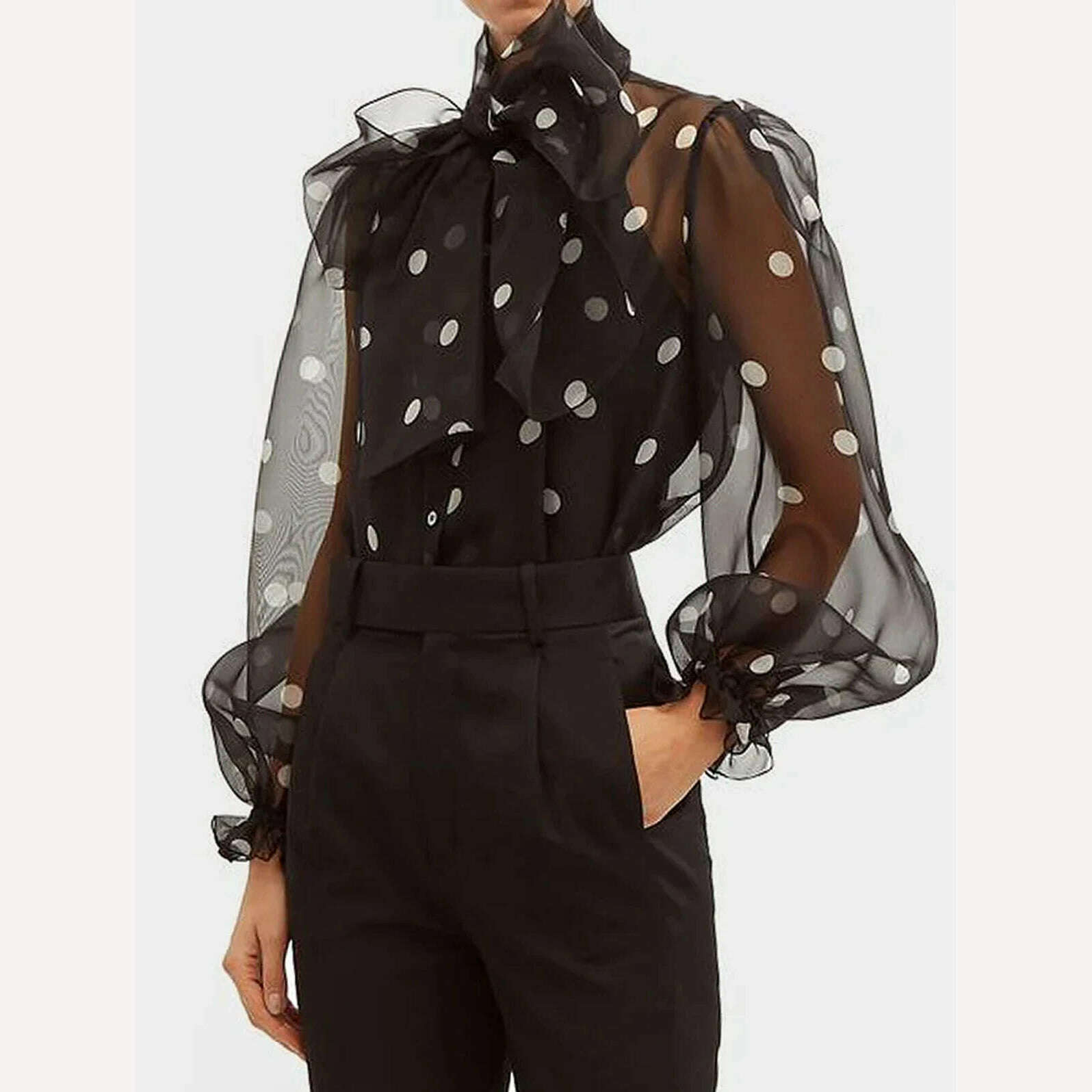 Women's Elegant Lantern Sleeve Shirt Chiffon Transparent Long Sleeve Sweet Lace-up Neck Polk Dot Casual Fashion Autumn Shirts - KIMLUD