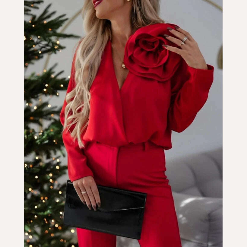 KIMLUD, Women's Elegant Rose Detail Long Sleeve Overlap Top Temperament Commuting Female Clothing Woman Fashion V-Neck Casual Blouses, KIMLUD Women's Clothes