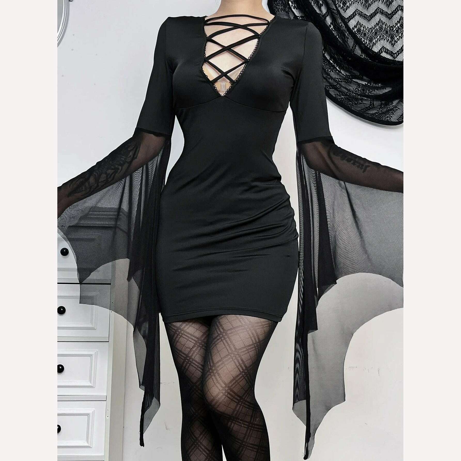 KIMLUD, Women's Elegant Short Dress Package Hip Long Sleeve Flared Sleeve Skirt Women Temperament Elegant Hottie Bandage Slim Dresses, KIMLUD Womens Clothes