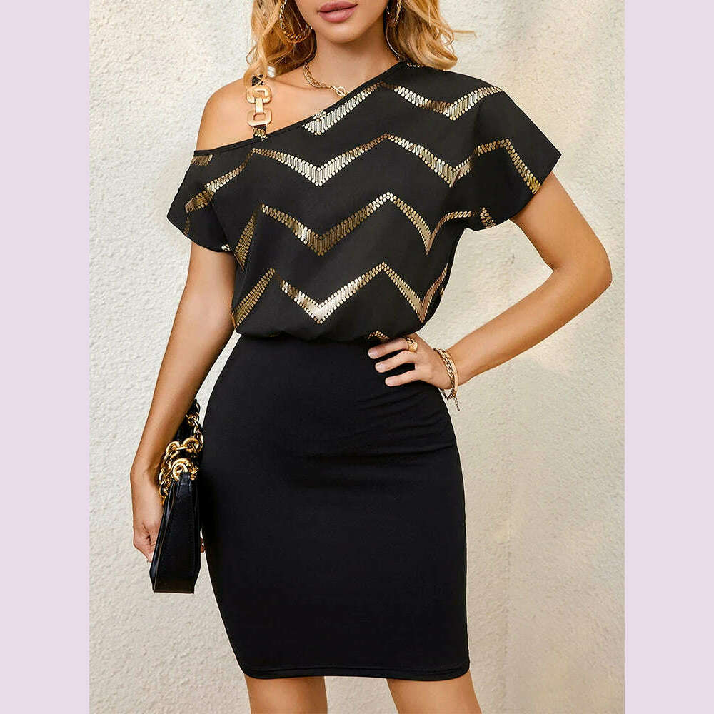 KIMLUD, Women's fashion casual diagonal shoulder striped splicing bag arm woven mid-length dress, KIMLUD Womens Clothes