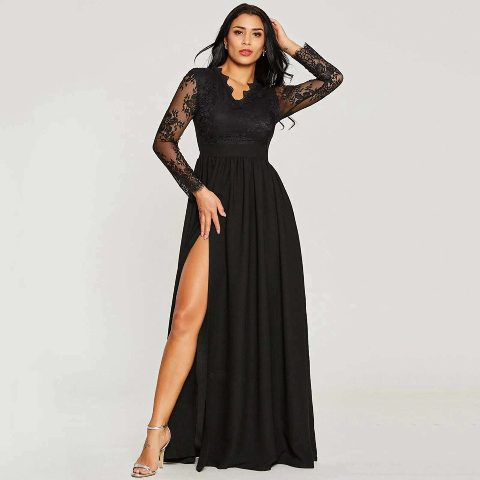 KIMLUD, Women's Fashion Sexy Lace Splicing Gowns Dresses V Neck High Waisted Cocktail Dresses Black High Split Evening Party Dresses, KIMLUD Womens Clothes