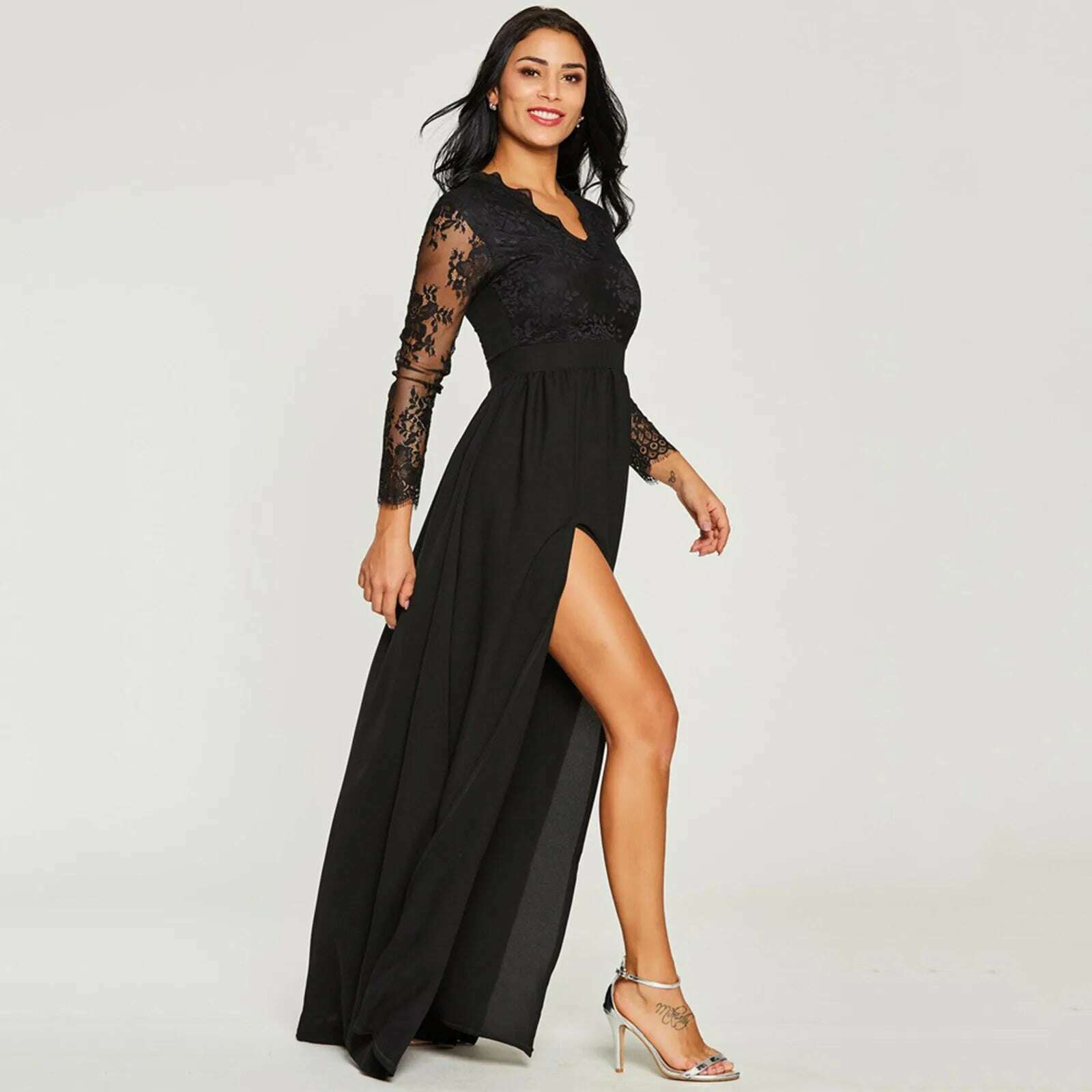 KIMLUD, Women's Fashion Sexy Lace Splicing Gowns Dresses V Neck High Waisted Cocktail Dresses Black High Split Evening Party Dresses, KIMLUD Womens Clothes