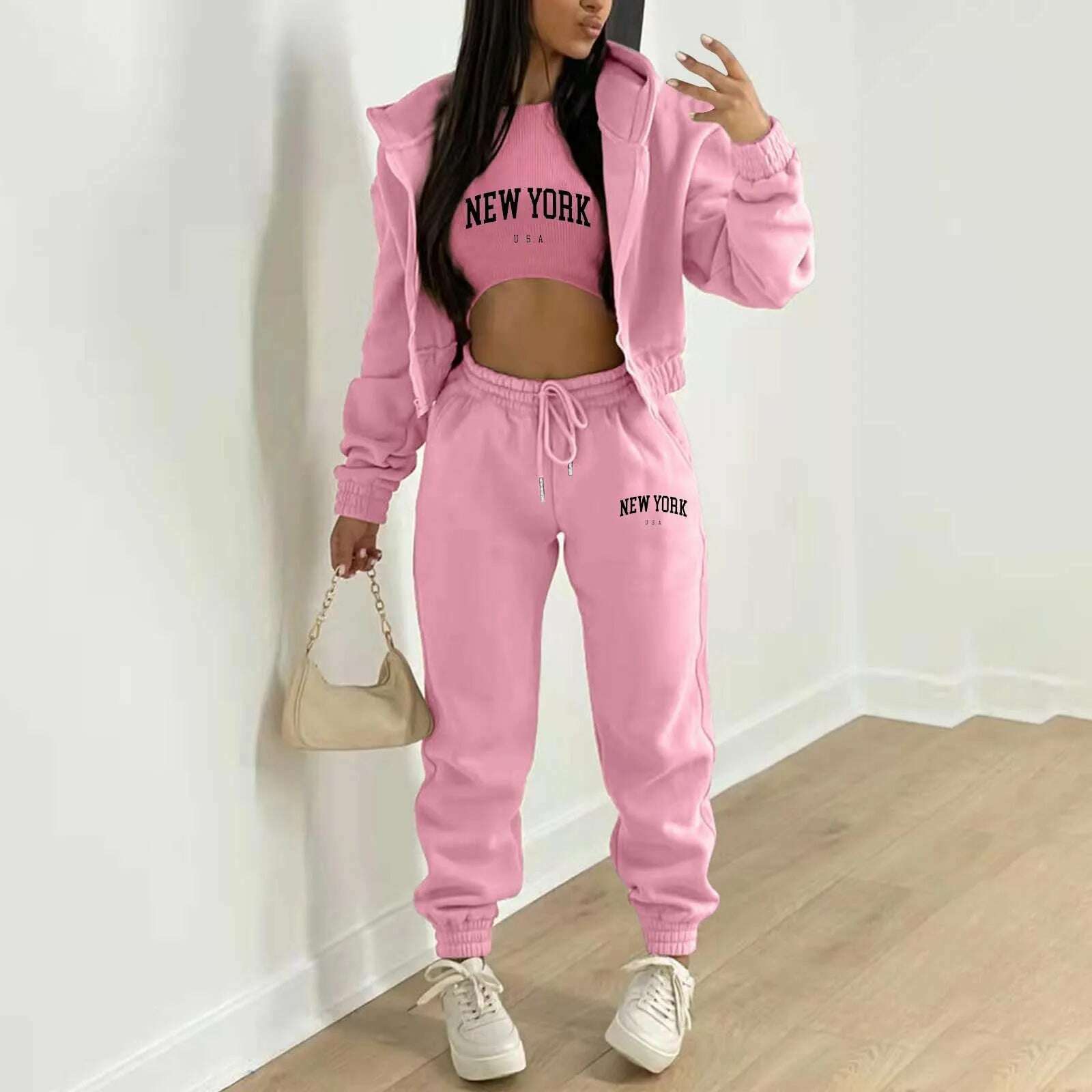 KIMLUD, Women's Fleece Suit 3 Piece Set Tracksuit Zipper Sweatshirt Coat Tank Tops Pants Suits Sportswear Jogging Outfits Streetwear, Pink / M / United States, KIMLUD APPAREL - Womens Clothes