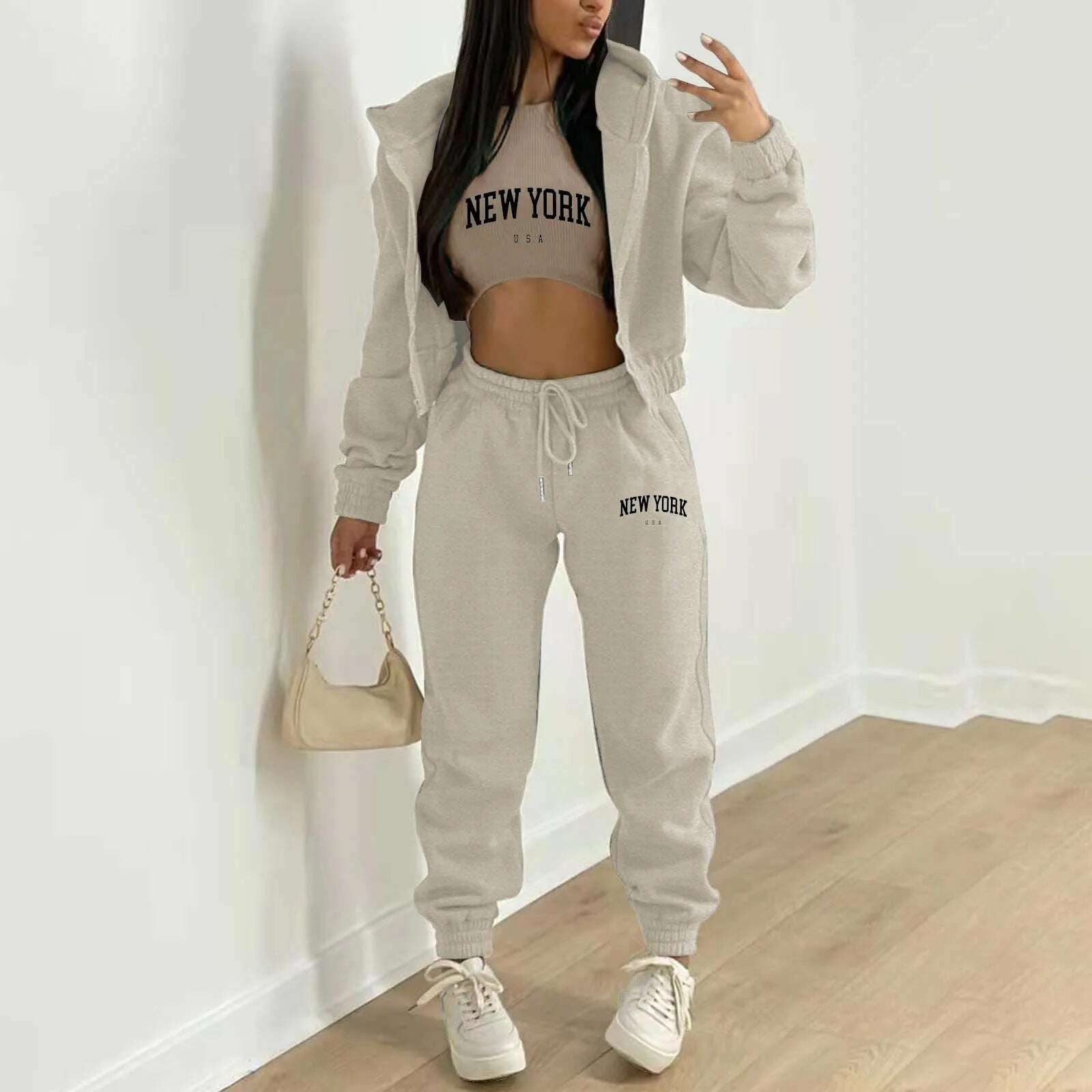 KIMLUD, Women's Fleece Suit 3 Piece Set Tracksuit Zipper Sweatshirt Coat Tank Tops Pants Suits Sportswear Jogging Outfits Streetwear, Khaki / S / CN, KIMLUD APPAREL - Womens Clothes