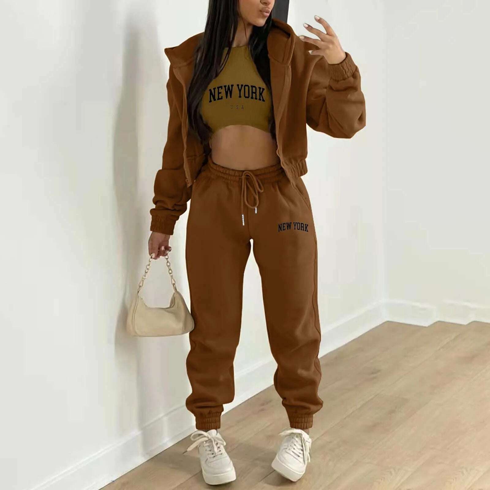 KIMLUD, Women's Fleece Suit 3 Piece Set Tracksuit Zipper Sweatshirt Coat Tank Tops Pants Suits Sportswear Jogging Outfits Streetwear, Brown / XXL / United States, KIMLUD APPAREL - Womens Clothes