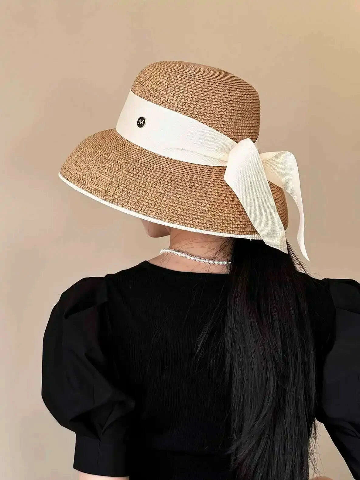 Women's French Retro Straw Sun Hat with Bow Detail - Hepburn Style Elegant Wide Brim UPF 50+ Sun Protection for Beach Vacation