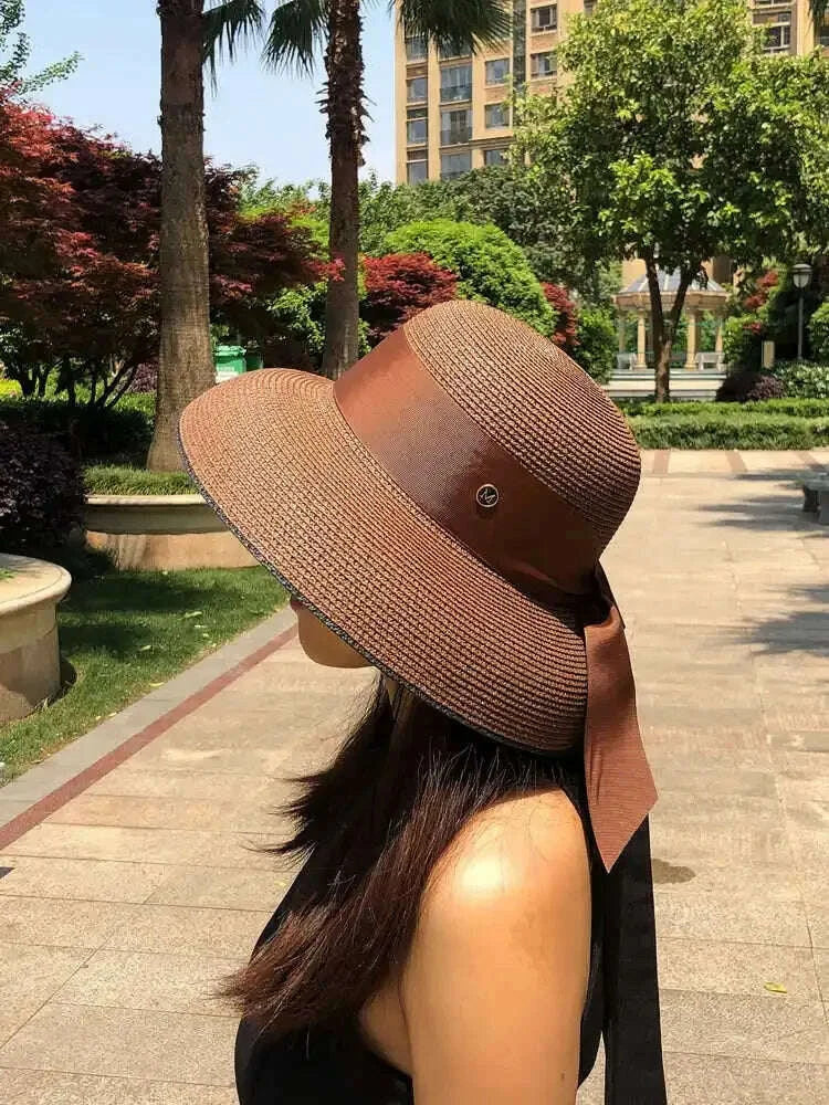Women's French Retro Straw Sun Hat with Bow Detail - Hepburn Style Elegant Wide Brim UPF 50+ Sun Protection for Beach Vacation