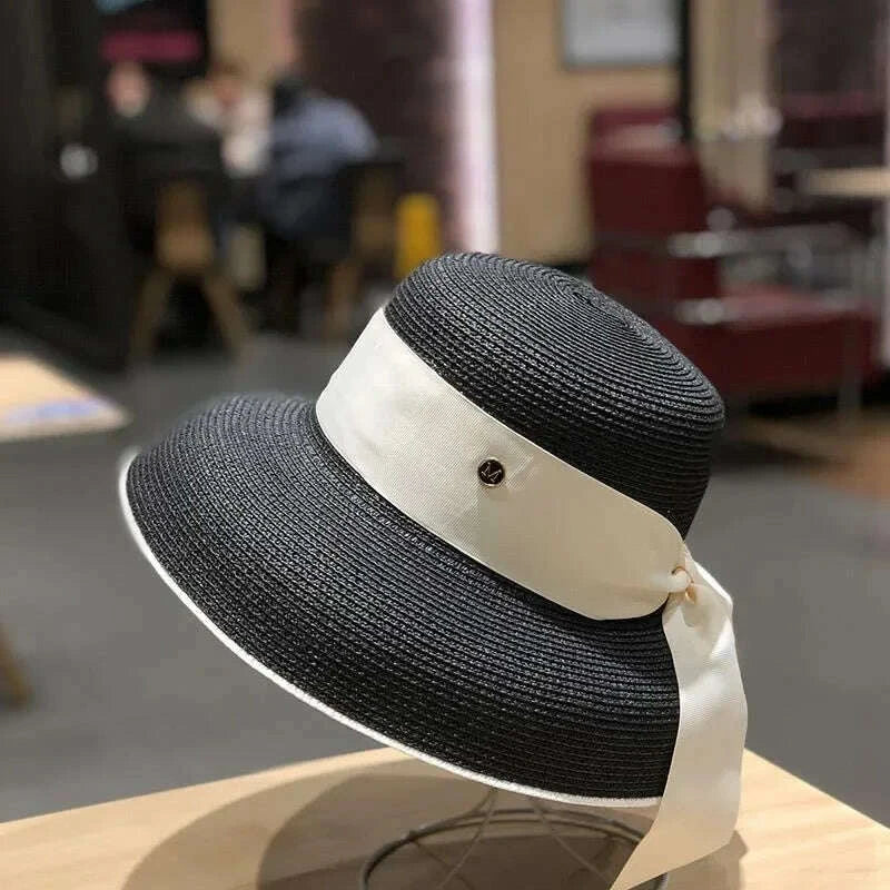 Women's French Retro Straw Sun Hat with Bow Detail - Hepburn Style Elegant Wide Brim UPF 50+ Sun Protection for Beach Vacation